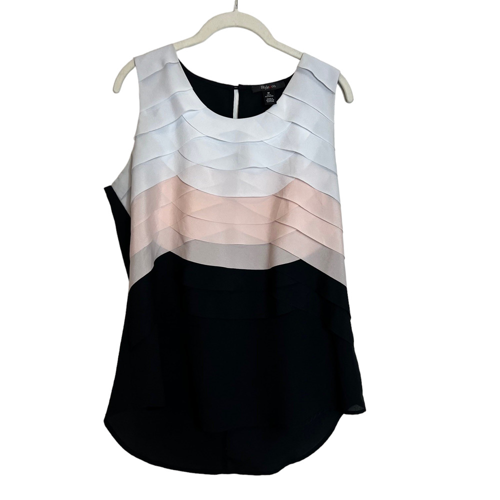 Style & Co Womens Sleeveless Chiffon Blouse Size Medium Pink Black Color Block